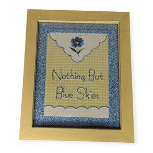 Framed Blue & Yellow Stitch Fabric Artwork "Nothing But Blue Skies" 9" x 11"